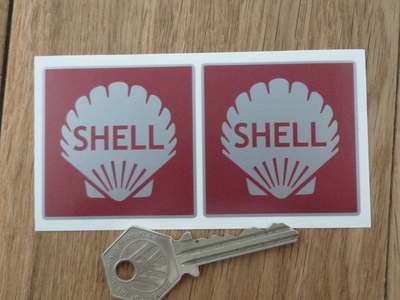 Shell Red & Silver Square Stickers. 2" Pair.