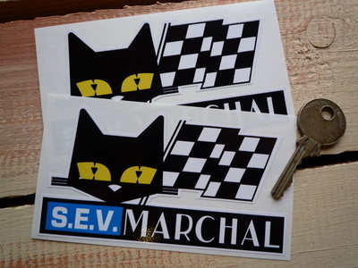 SEV Marchal Cat & Script Stickers. in Matra. 4.5" or 7.5" Pair.