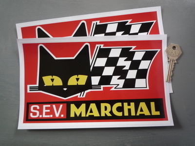 SEV Marchal Cat/Flag Red Background Stickers. 9" Pair.