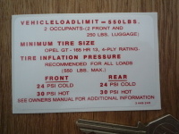 Opel GT Vehicle Load Limit & Tire Pressure Special Offer Sticker. 3".