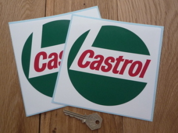 Castrol '68 On in White Square Stickers. 6" Pair.