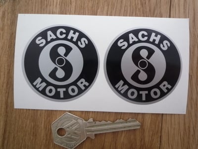 Sachs Motor Black & Silver Circular Stickers. 55mm Pair.