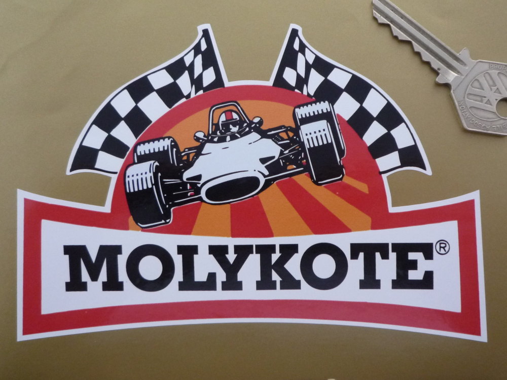 Molykote Race Car & Chequered Flags Shaped Sticker. 6".