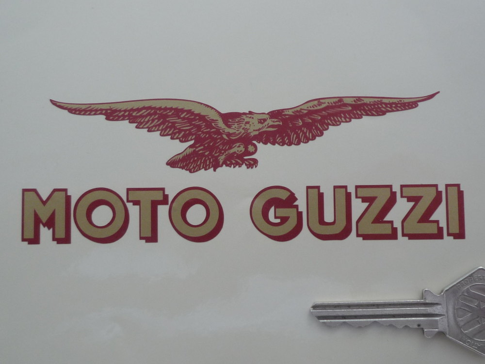 Moto Guzzi Text & Soaring Eagle Red & Gold Stickers. 5.25