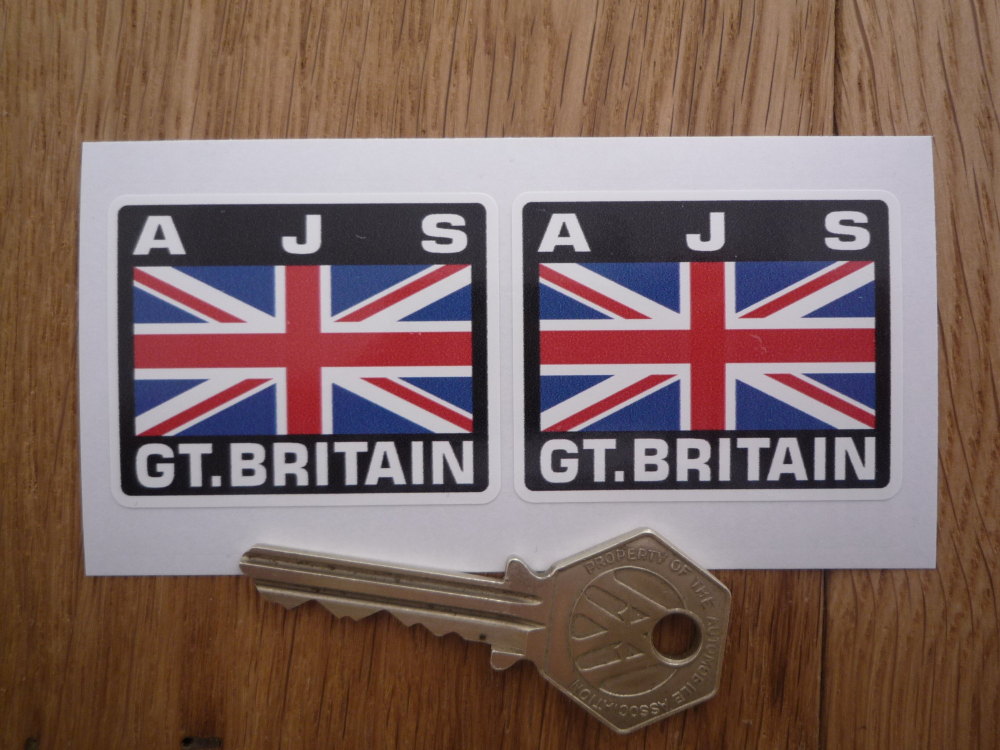 AJS Great Britain Union Jack Style Stickers. 2" Pair.