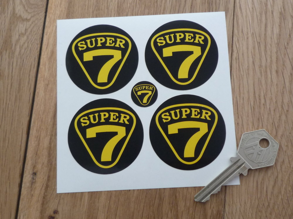 Lotus Super 7 Black & Yellow Wheel Centre Stickers. 50mm Set of 4.