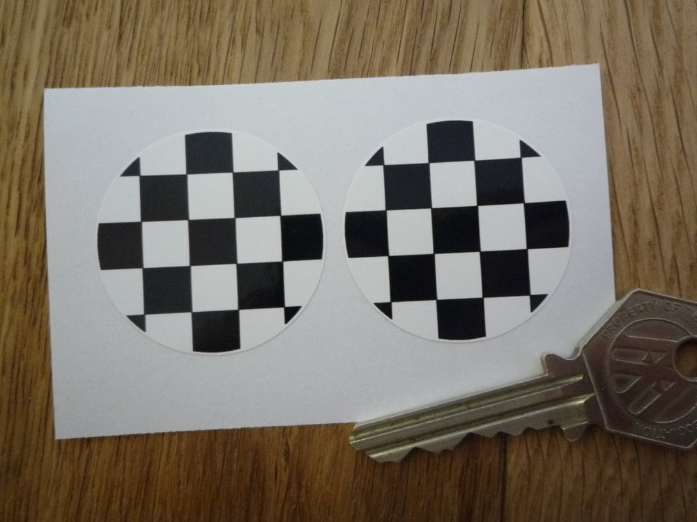 Chequered Black & White Circular Stickers. 38mm Pair.