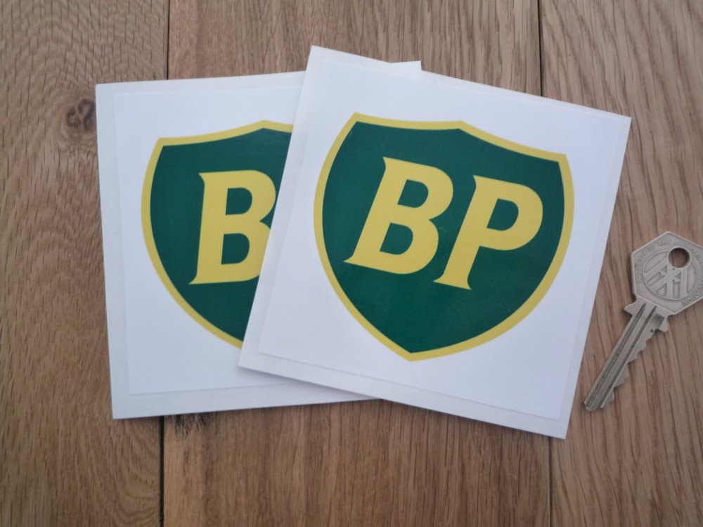 BP Shield in White Square Stickers. 4" or 7" Pair.