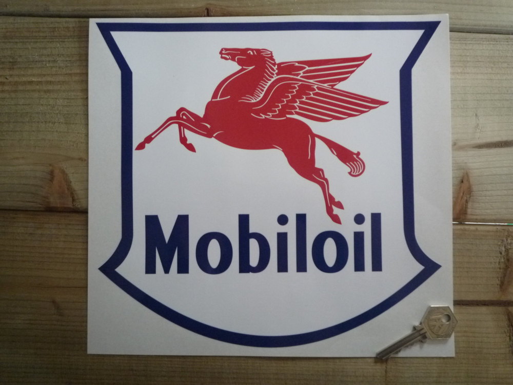 Mobil Mobiloil Navy, Red & White Non-Serif Style Shield Sticker. 10".