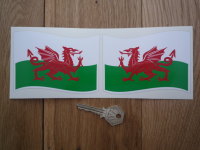 Welsh Dragon Flat Wavy Style Flags Stickers. 2" or 4" Pair.