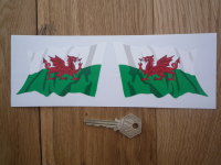 Welsh Dragon Shaded Wavy Style Flags Stickers. 2" or 4" Pair.