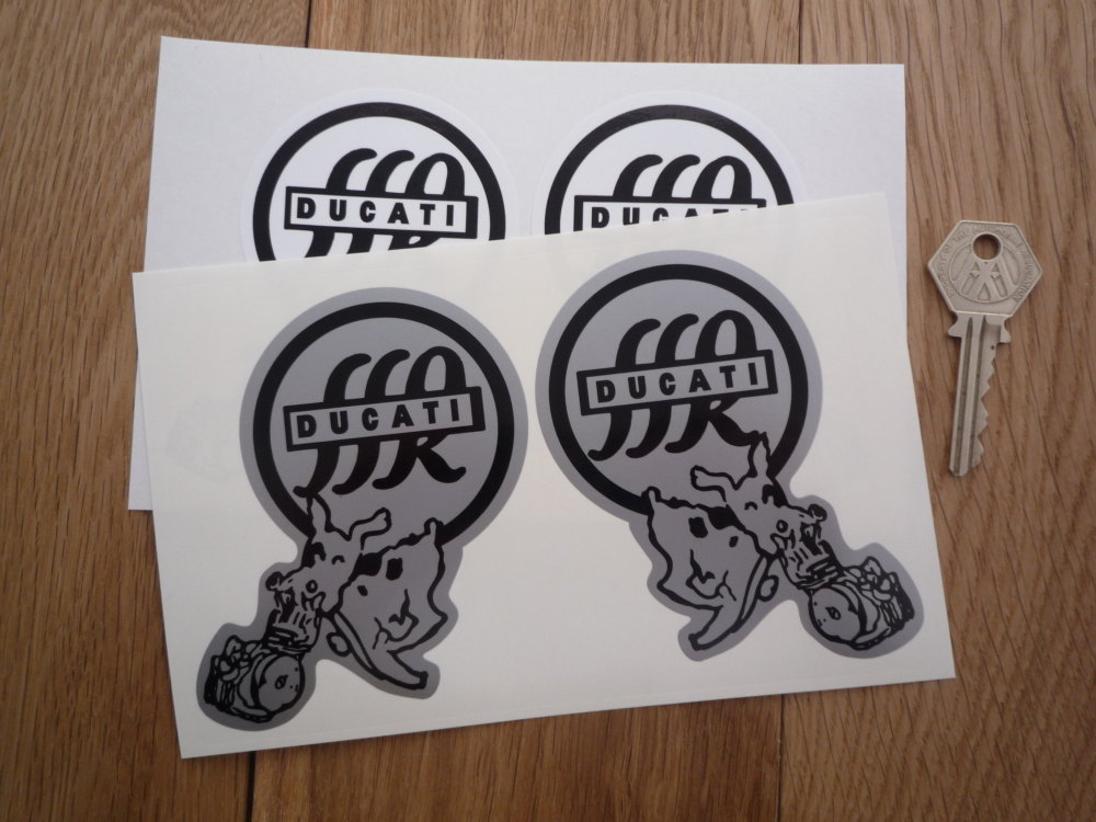 Ducati Cucciolo SSR Handed & Shaped Stickers. 4" Pair.