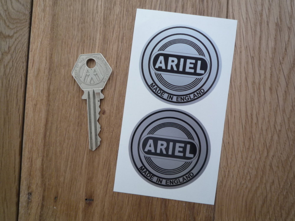 Ariel Made in England Black & Silver Circular Stickers. 2