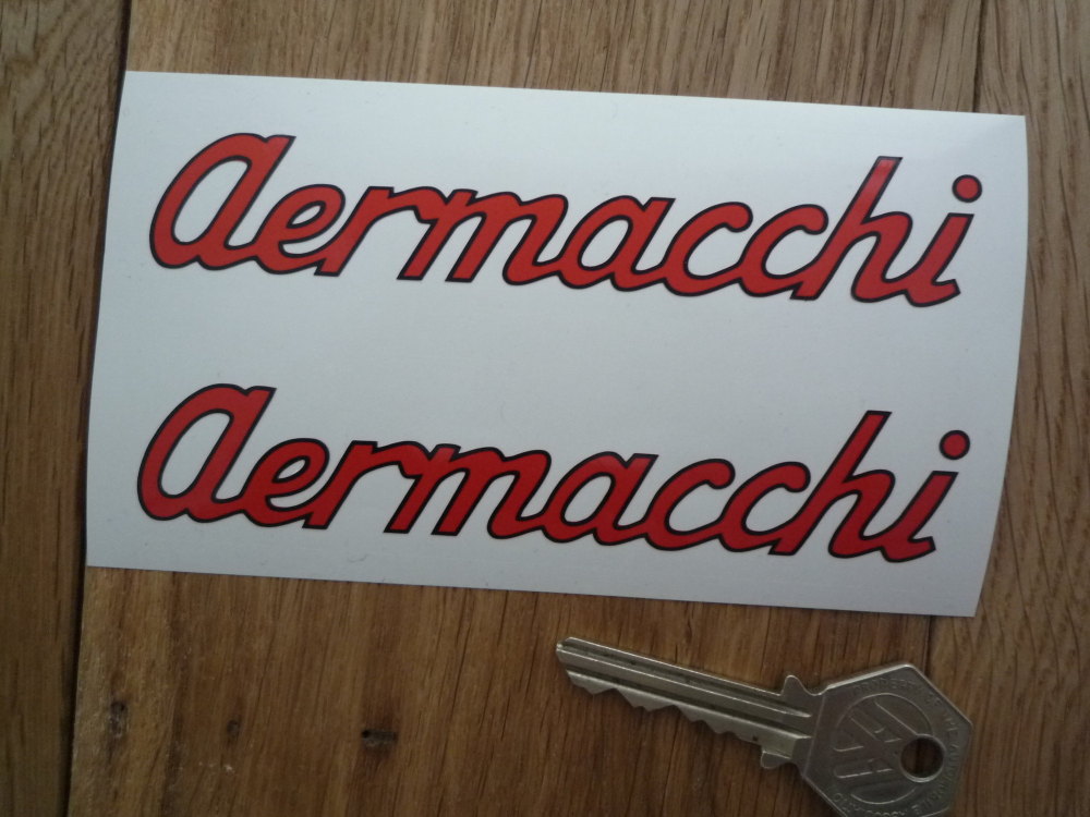 Aermacchi Cut Text with Black Outline Stickers. 4.75" Pair.
