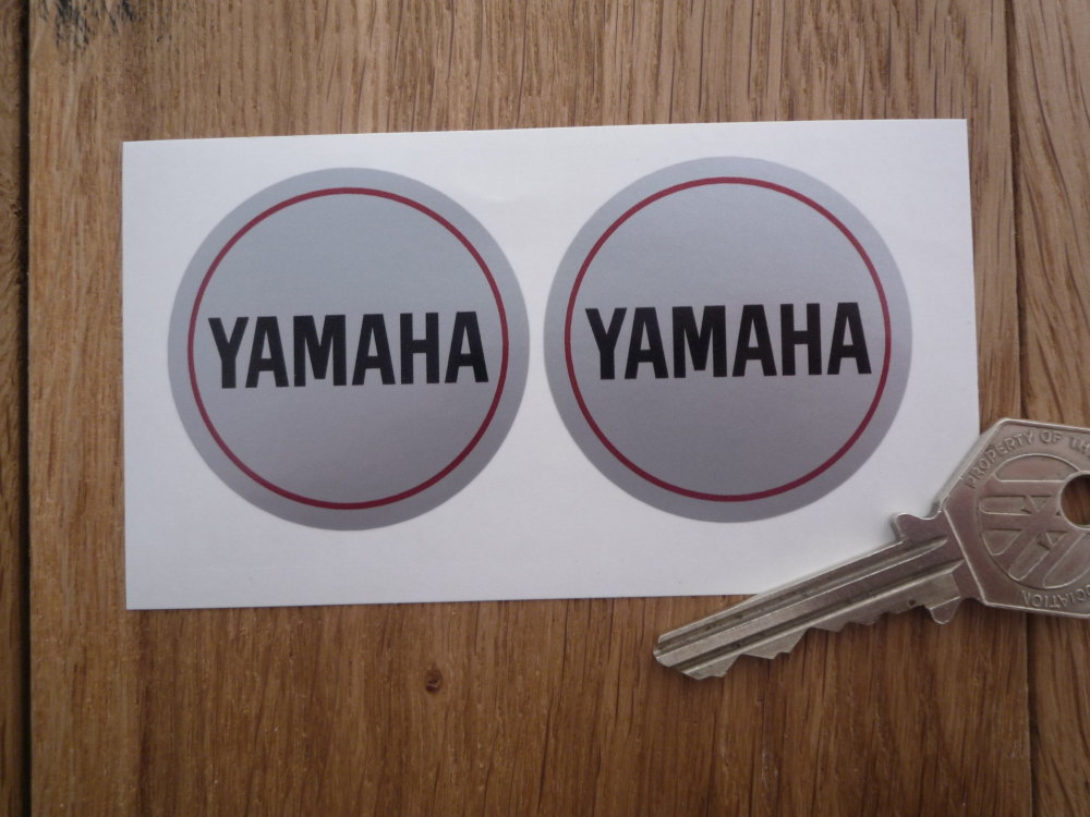 Yamaha Text Circular Silver Stickers. 46mm Pair.