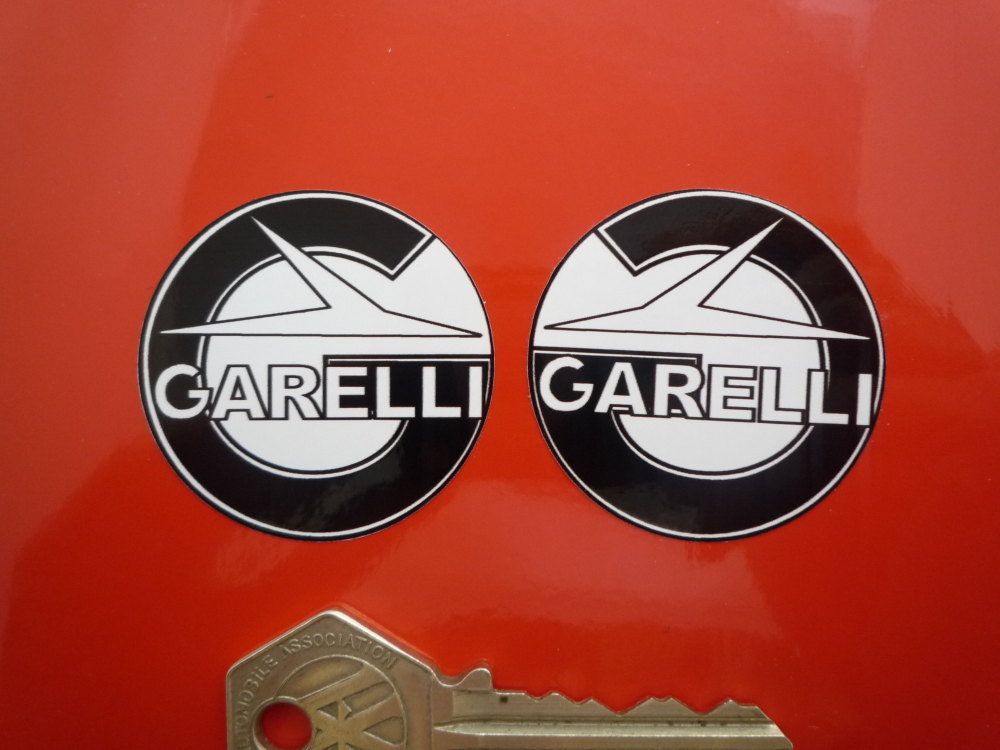 Garelli Round Handed Black & White Stickers. 1.5" Pair.