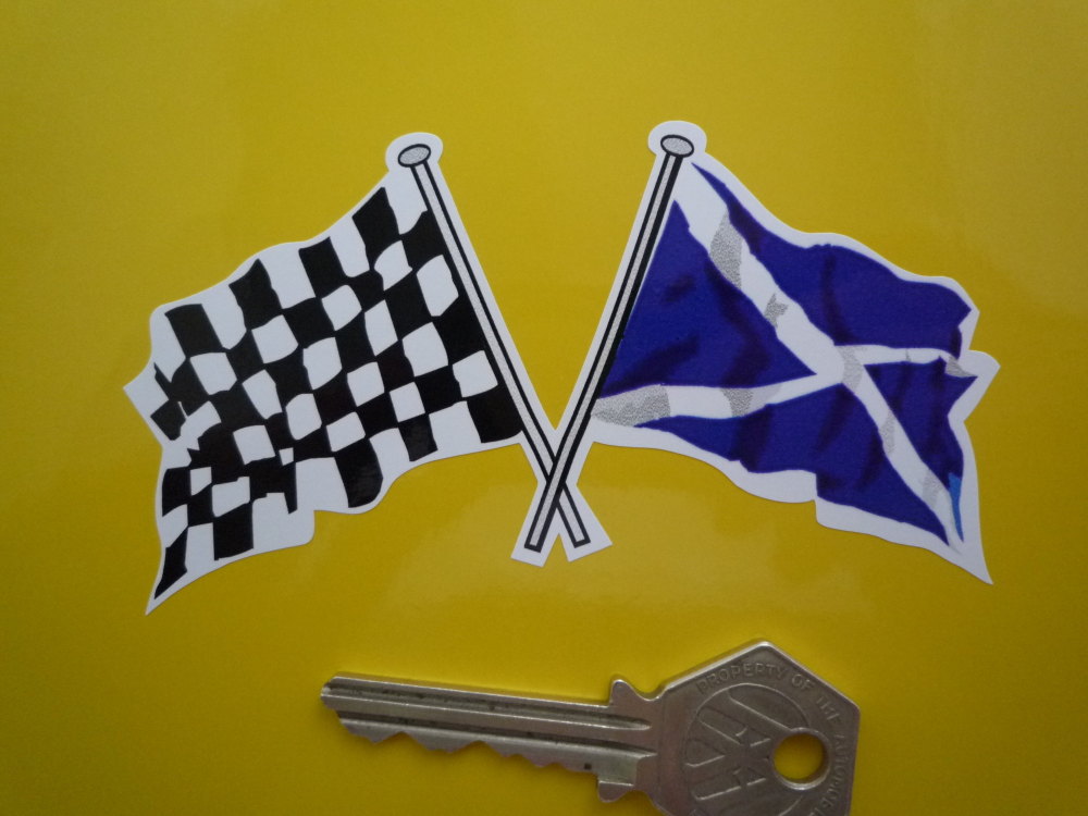 Crossed Scottish Saltire & Chequered Flag Sticker. 4" or 6".