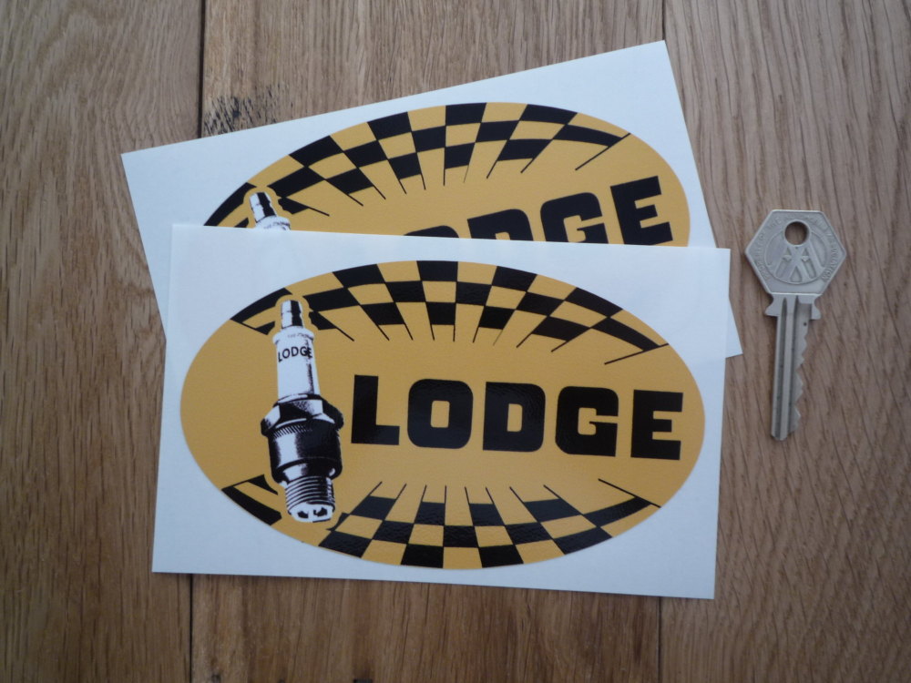 Golden Lodge Spark Plugs Chequered Oval Stickers. 5.5" Pair.