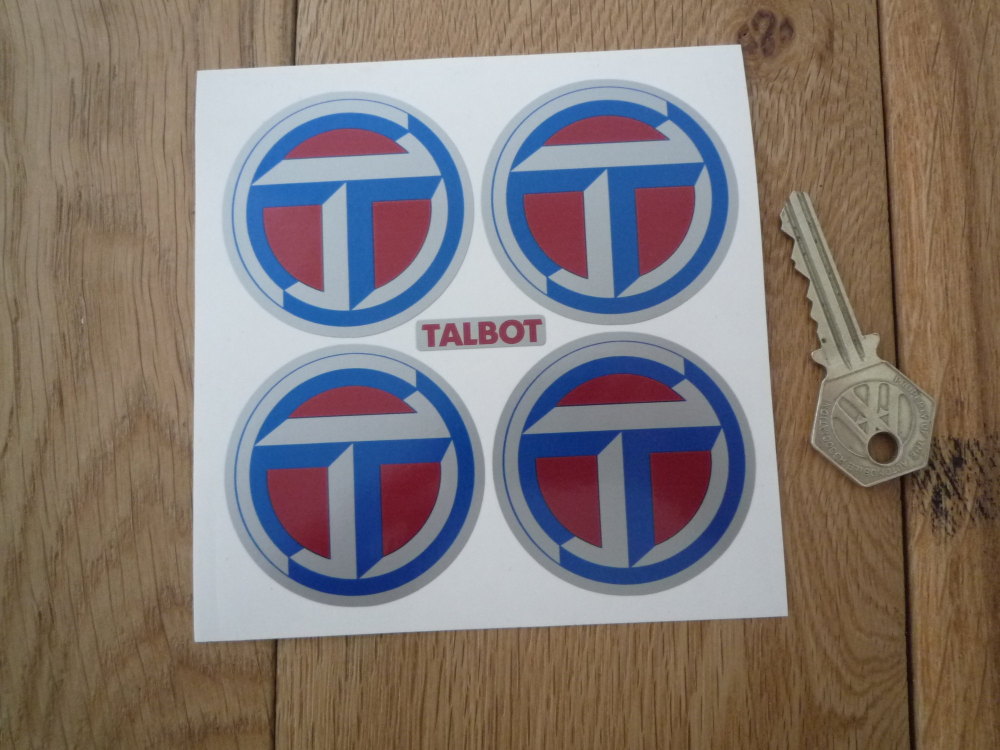 Talbot Wheel Centre Stickers. Red & Blue on Silver. Set of 4. 50mm or 55mm.