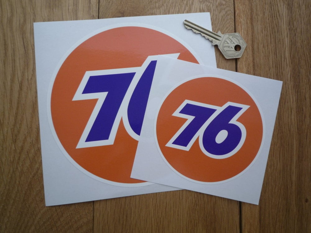 Union 76 Circular '76' Orange Stickers. 2.5", 3", 4", 5" or 6" Pair.