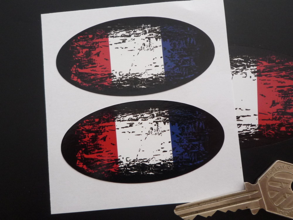 France Fade To Black Oval Tricolour Flag Stickers. 3" Pair.