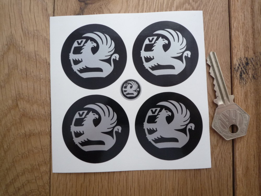 Vauxhall Silver & Black to Edge Later Style Wheel Centre Stickers. Set of 4. 48mm.