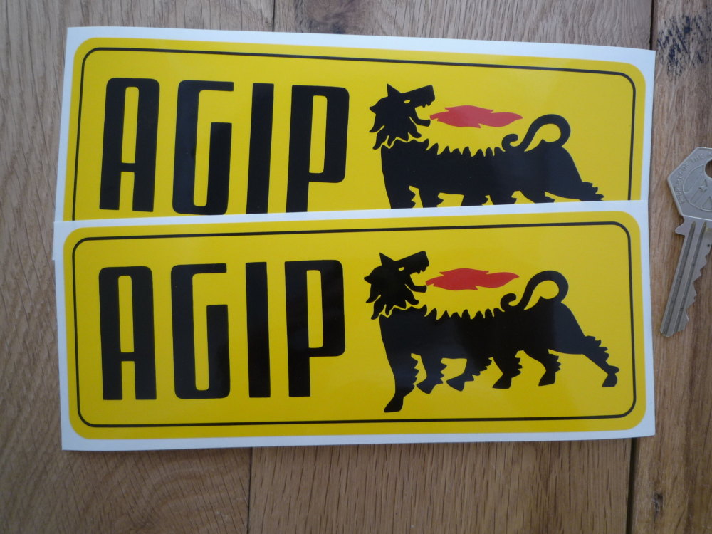 Agip Old Style Yellow Oblong Stickers. 7.75