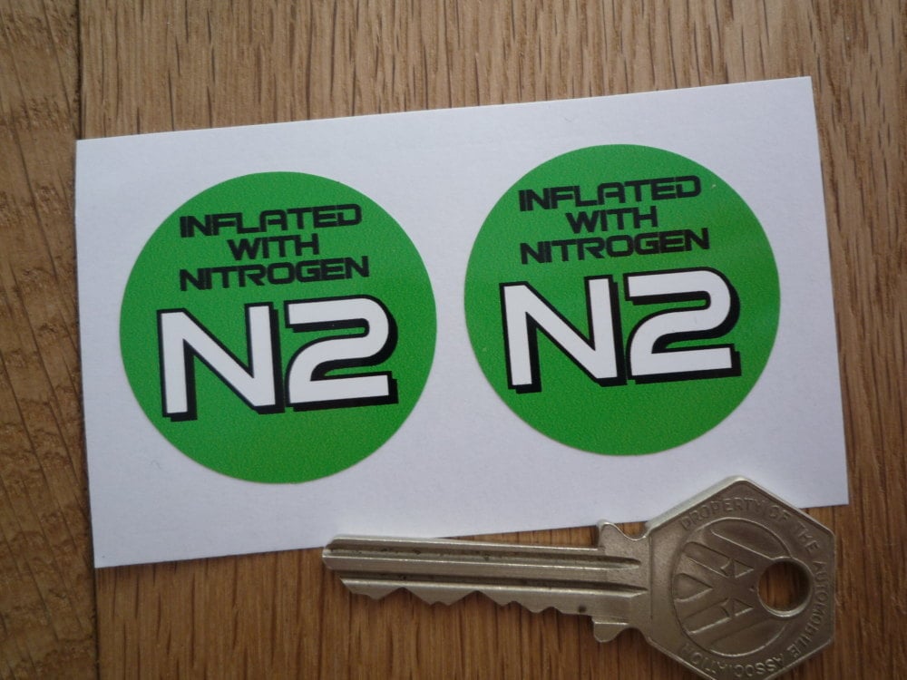 Inflated With Nitrogen N2 Green Circular Stickers. 1.5" Pair.