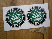 IMZ-Ural Sidecar Motorcycle Circular Stickers. 2.75" Pair.