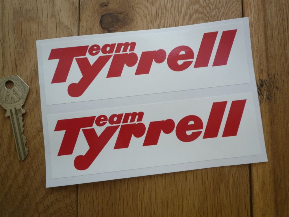Team Tyrrell Red & White Oblong Stickers. 6" Pair.