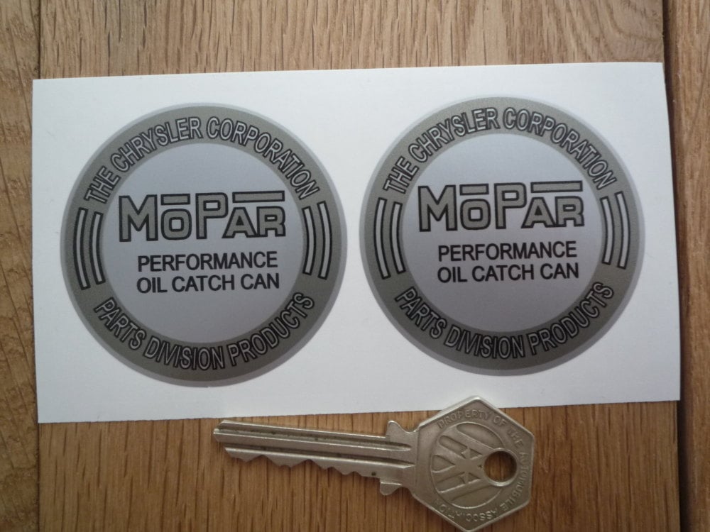 Mopar Performance Oil Catch Can Grey & Silver Chrysler Stickers. 2.25" Pair.