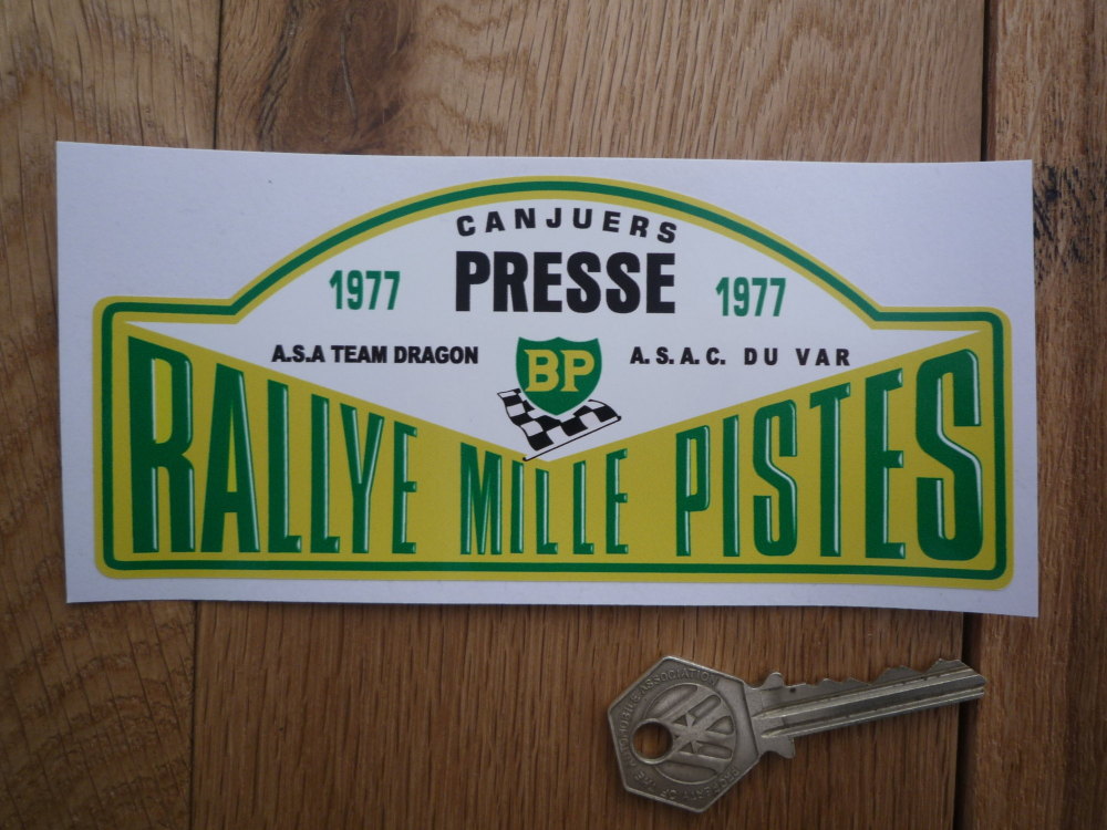 Rallye Mille Pistes BP 1977 Presse Rally Plate Sticker. 6".