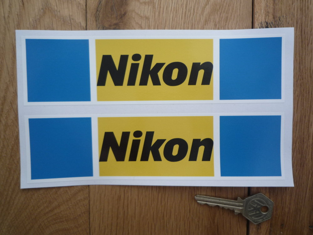 Nikon Yellow, Blue, Black, & White, Oblong Stickers. 8" Pair.