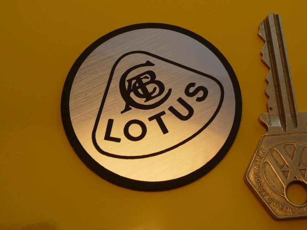 Lotus Old Style Black on Silver Round Self Adhesive Car Badge. 52mm.