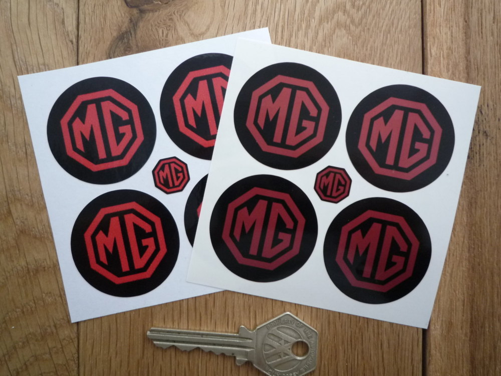 MG Wheel Centre Style Stickers. Red & Black. Set of 4. 40mm.