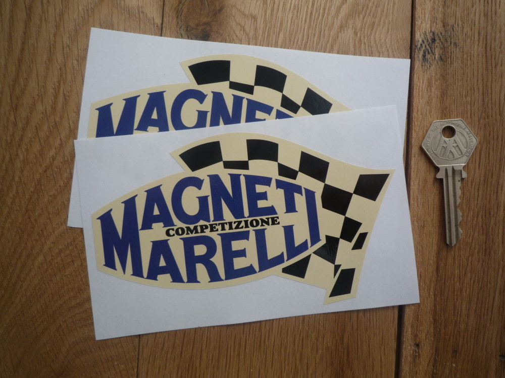 Magneti Marelli Competizione Chequered Flag on Cream Stickers. 6" Pair.