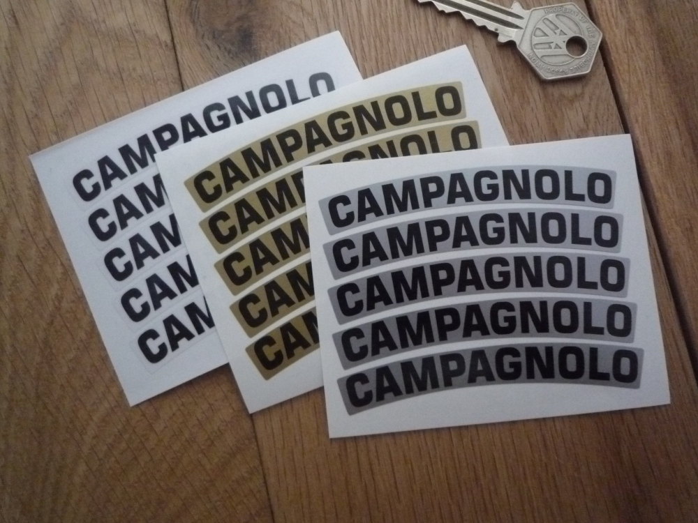 Campagnolo Curved Wheel Stickers. Thick Style. 3.5" or 4.5". Set of 5.