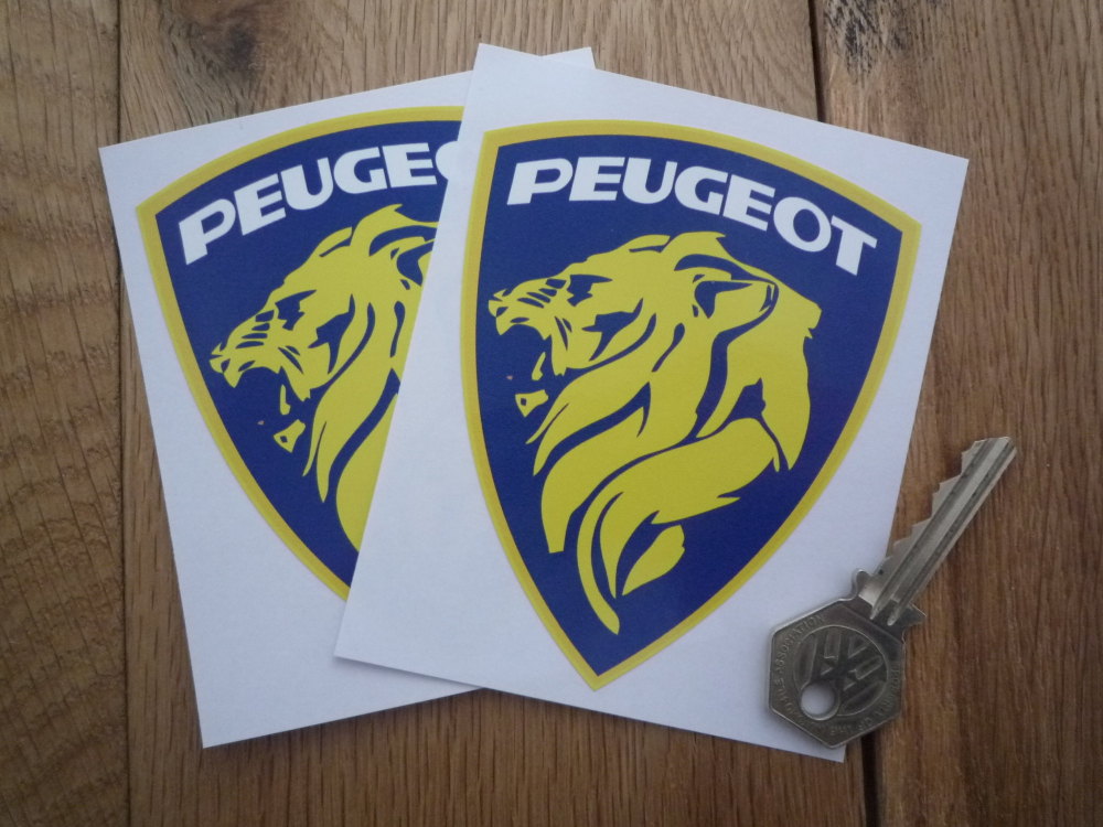 Peugeot Lions Head & White Text in Shield Stickers. 4" Pair.