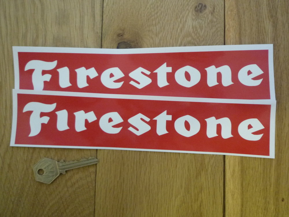 Firestone Oblong White on Red Stickers. 10" Pair.