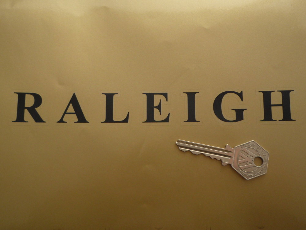 Raleigh Black & Clear Cut Text Stickers. 8" Pair.