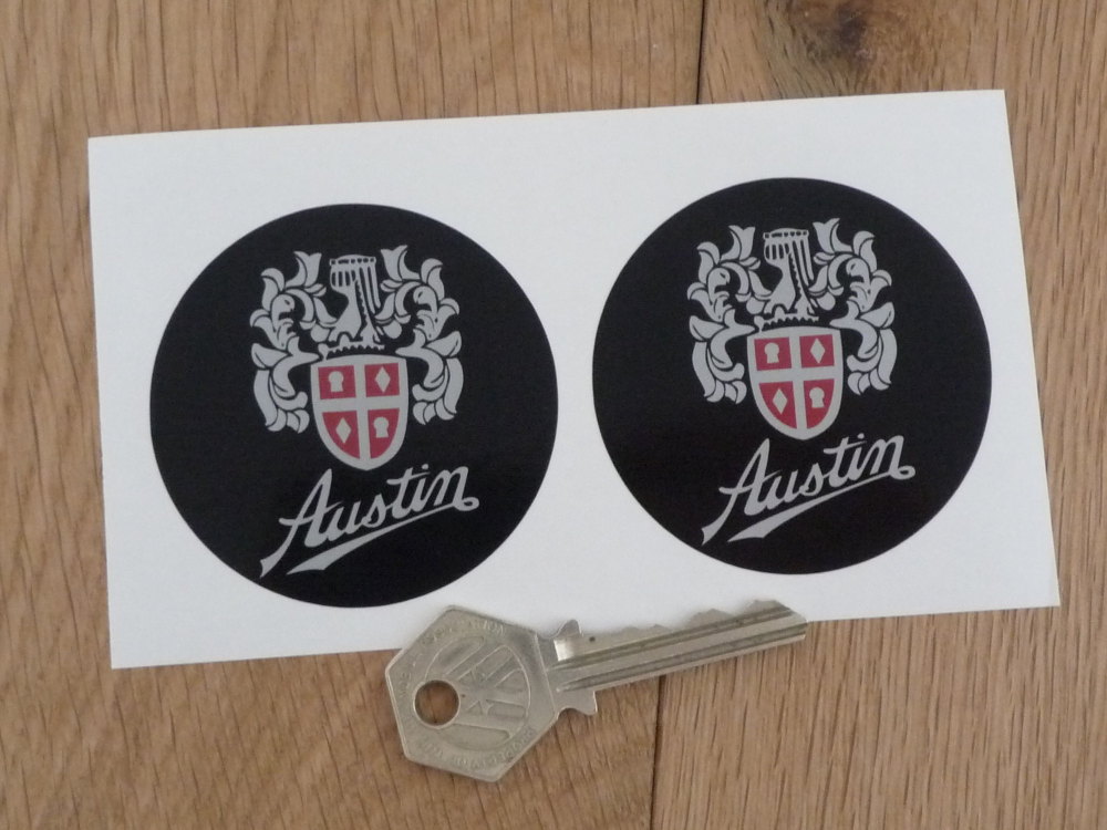 Austin Crest Black Background Circular Silver Stickers. 61mm Pair.