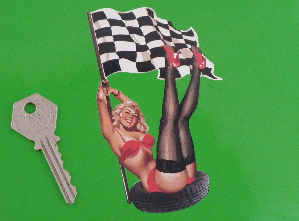 Pin-Up Girl in Tyre with Chequered Flag Sticker. 5" or 7".