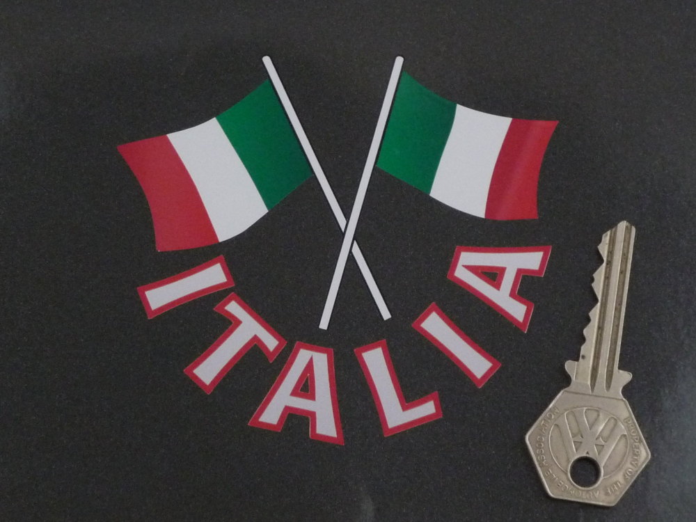Italia Text & Crossed Italian Flags Cut Out Italy Sticker. 4".
