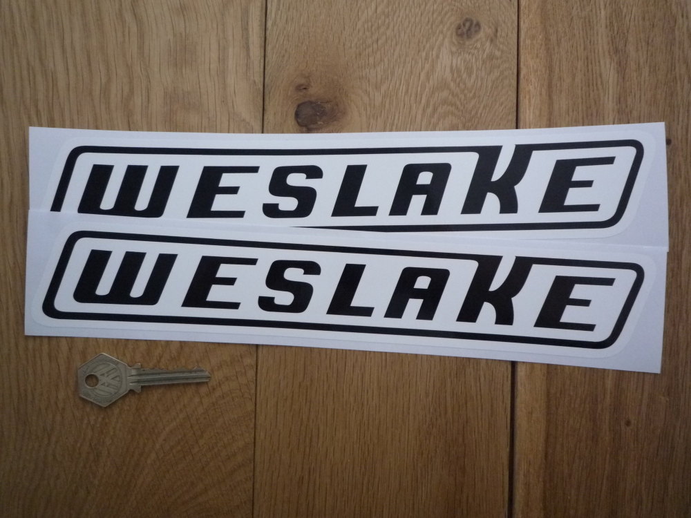 Weslake Black & White Slanted Oblong Stickers. 12" Pair.