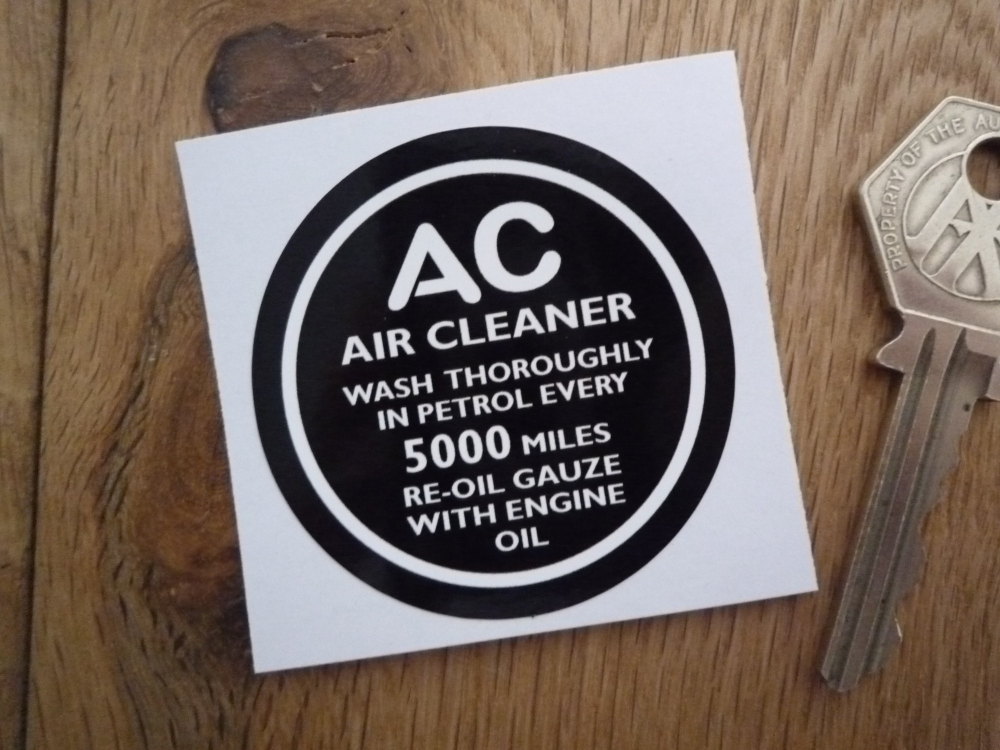 AC Air Cleaner Wash In Petrol Every 5,000 Miles. Black & White Sticker. 2".