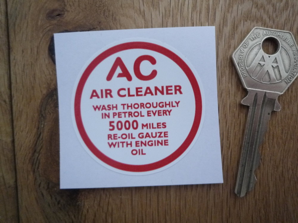 AC Air Cleaner Wash In Petrol Every 5,000 Miles. Red & White Sticker. 2".
