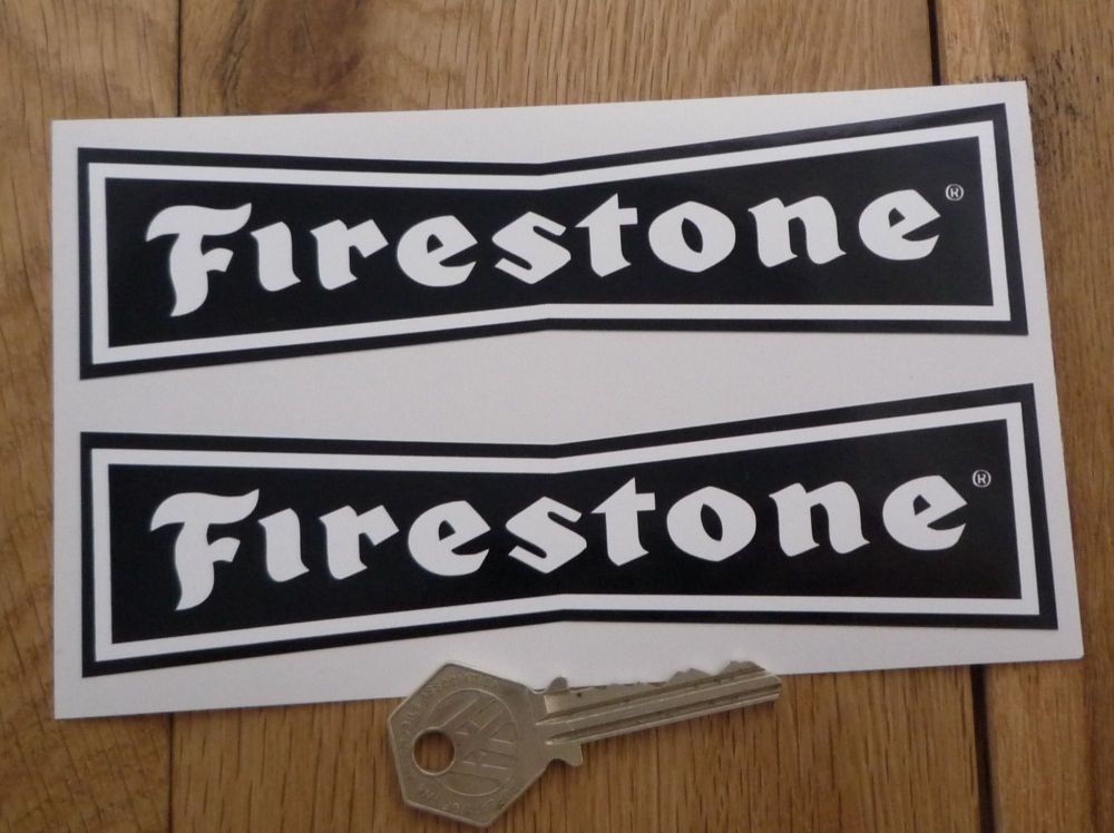Firestone 'Dicky Bow' White on Black Stickers. 4", 6", 8" or 10" Pair.