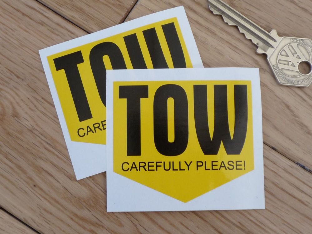 TOW Carefully Please Arrow Shaped Stickers. 2.5" Pair.