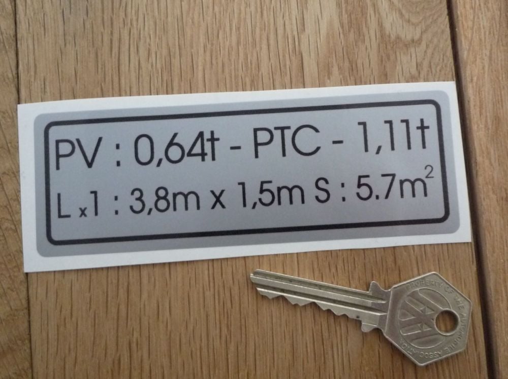 Citroen 2CV Van PTC Weight Loading & Dim Sticker. 4.75".