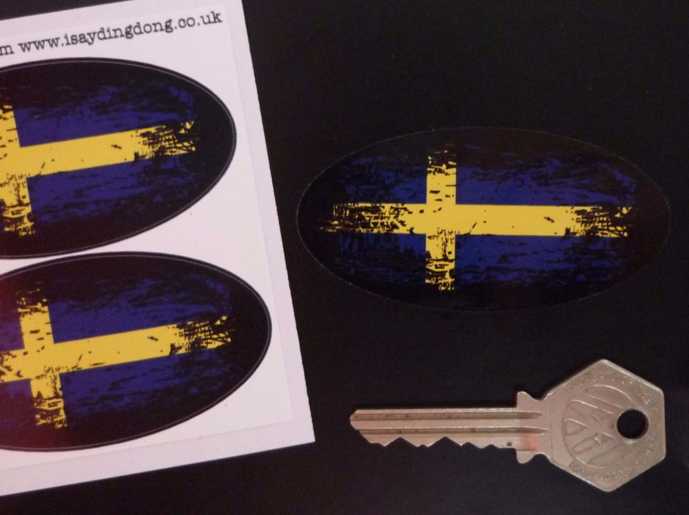 Swedish Flag Fade To Black Oval Stickers. 3" Pair.